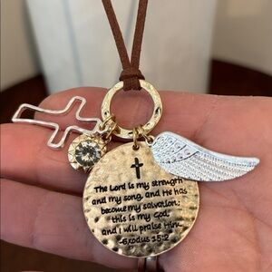 Juliet Suede Chain,Silvertone cross,angel wing, rhinestone starburst,exodus 15:2